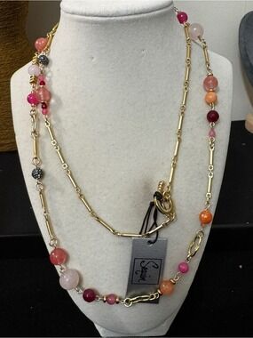 Gold-Tone Multi-Bead Necklace with Pink and Orange Accents